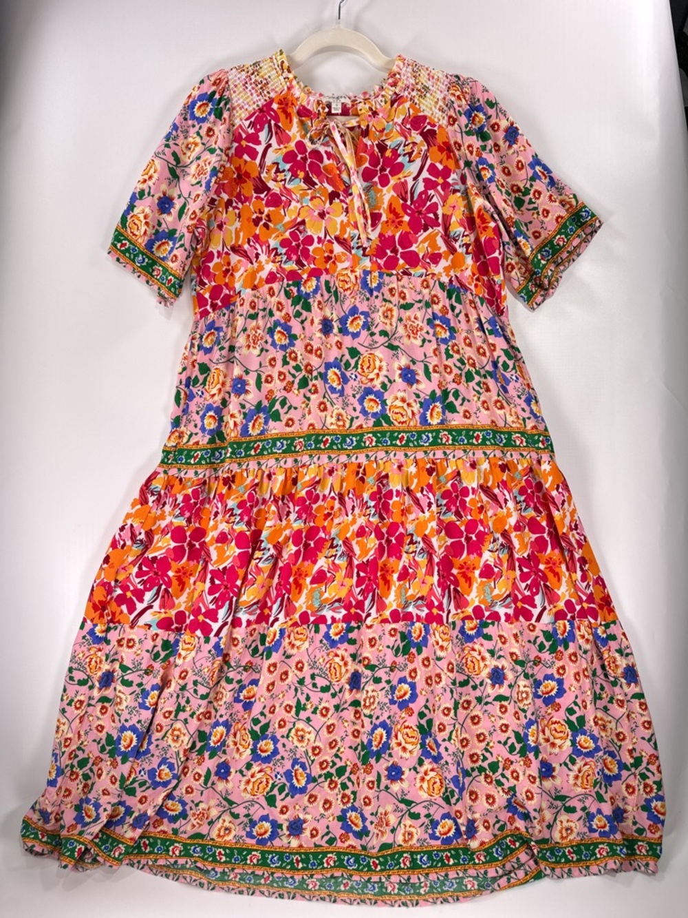Umgee Bright Mixed Floral Tiered Dress Small Pink Boho Ruffle - Picture 2 of 13